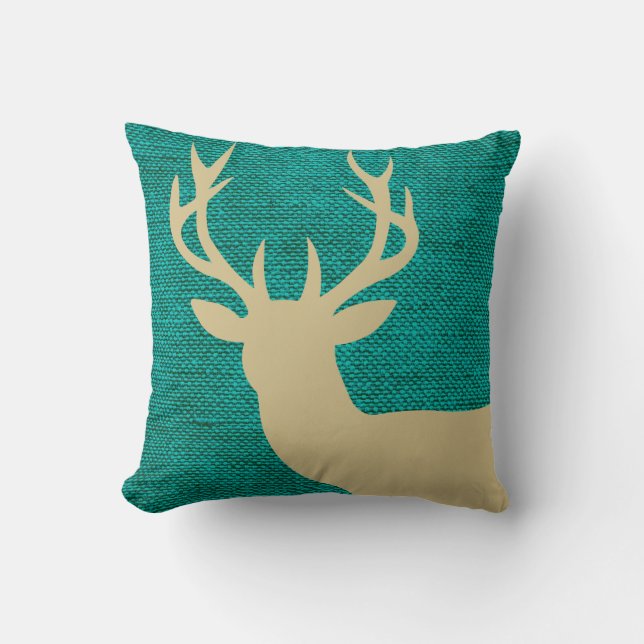 Rustic Deer Head Silhouette op Burlap | turquoise Kussen (Voorkant)