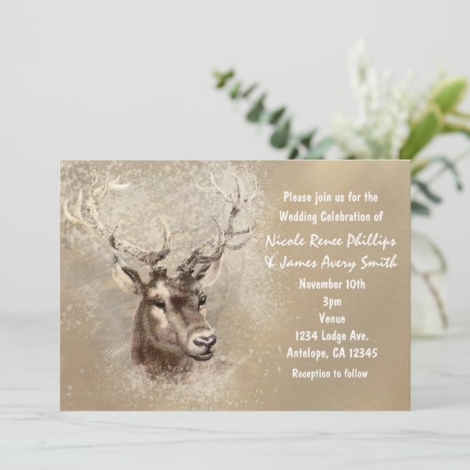 Rustic Deer Head Winter Wedding Invitations Kaart (Staand voorkant)
