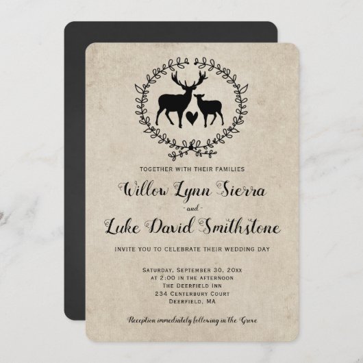Rustic Deer Heart Wreath Kraft Wedding Kaart (Voorkant / Achterkant)
