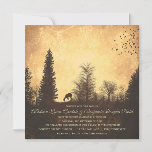 Rustic Deer in Trees Country Wedding Invitations Kaart (Voorkant)