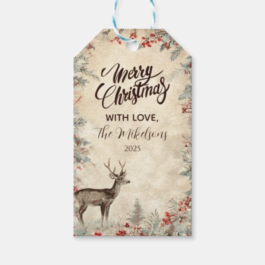Rustic Deer Pine Berry Kerstfeest Cadeaulabel (Voorkant)