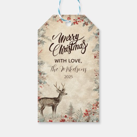 Rustic Deer Pine Berry Kerstfeest Cadeaulabel (Achterkant)