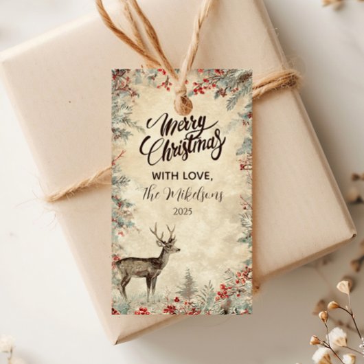 Rustic Deer Pine Berry Kerstfeest Cadeaulabel