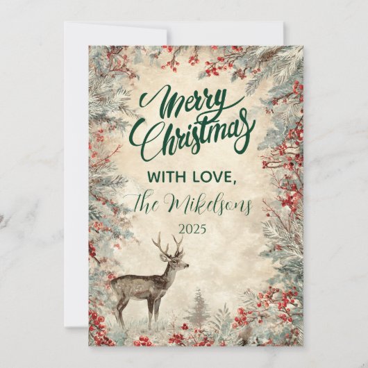 Rustic Deer Pine Berry Kerstfeest Feestdagenkaart (Voorkant)