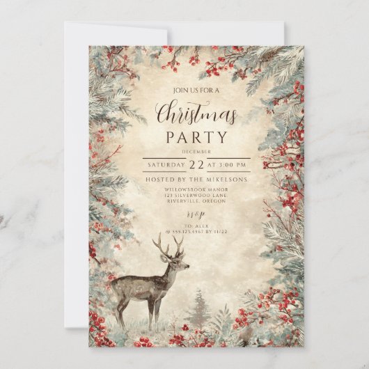 Rustic Deer Pine Berry Kerstfeest Kaart (Voorkant)