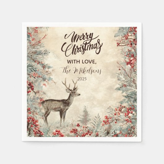 Rustic Deer Pine Berry Kerstfeest Servet (Voorkant)