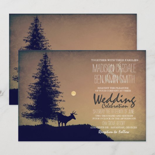Rustic Deer Pine Tree Country Wedding Invitations Kaart (Voorkant / Achterkant)