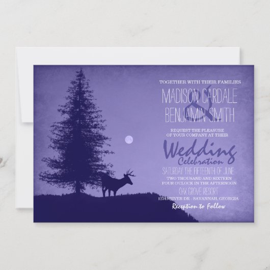 Rustic Deer Pine Tree Paars Wedding Invitations Kaart (Voorkant)