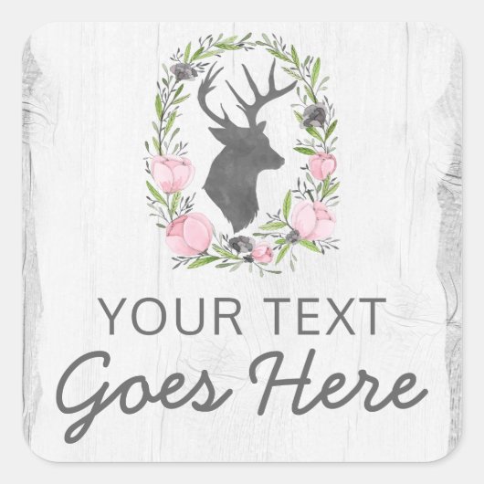 Rustic Deer Silhouette Floral Wreath Cameo op hout Vierkante Sticker (Voorkant)