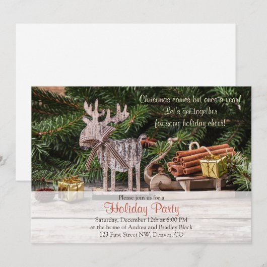 Rustic Deer Sleigh Christmas Holiday Party Kaart (Voorkant / Achterkant)