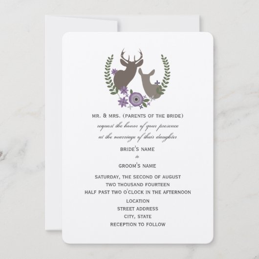 Rustic Deer Wedding - Paarse Bloemen Kaart (Voorkant)