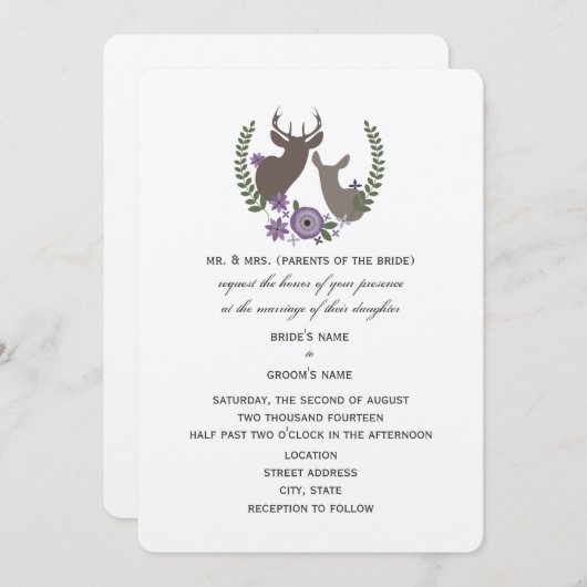 Rustic Deer Wedding - Paarse Bloemen Kaart (Voorkant / Achterkant)