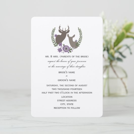 Rustic Deer Wedding - Paarse Bloemen Kaart (Staand voorkant)