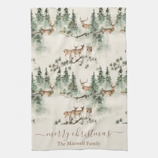 Rustic deers merry christmas family name theedoek (Verticaal)