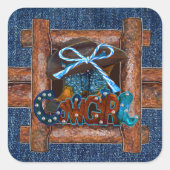 Rustic Denim Cowgirl Vierkante Sticker (Voorkant)