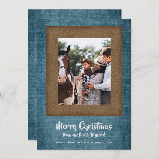 Rustic Denim en Brown Damask-kerstfoto Feestdagenkaart (Voorkant / Achterkant)