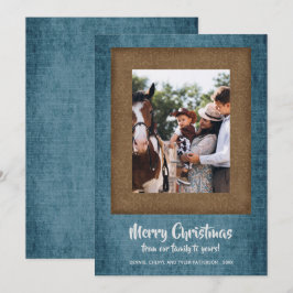 Rustic Denim en Brown Damask-kerstfoto Feestdagenkaart