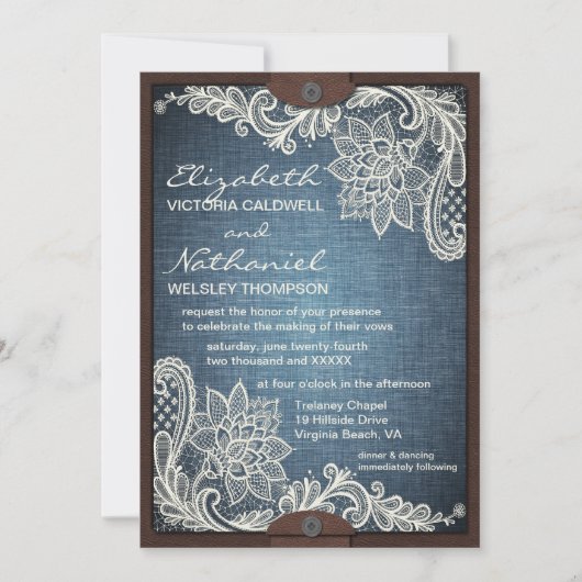 Rustic Denim Lace & Leather Wedding Invitation Kaart (Voorkant)