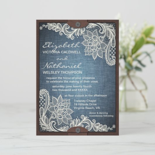 Rustic Denim Lace & Leather Wedding Invitation Kaart (Staand voorkant)