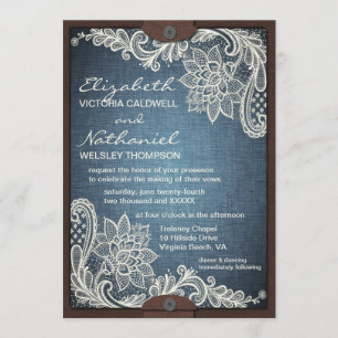 Rustic Denim Lace & Leather Wedding Invitation Kaart