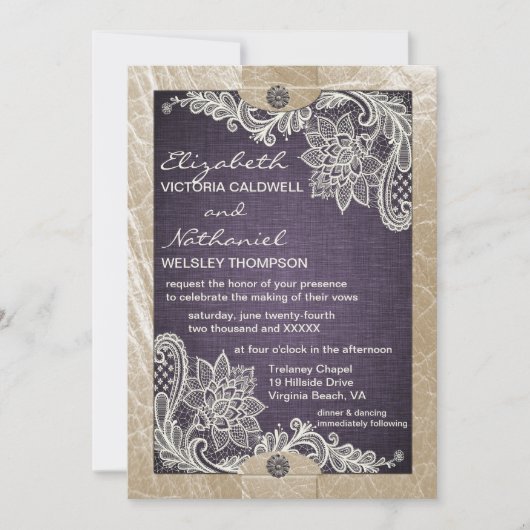 Rustic Denim Lace & Leather Wedding Invitation Kaart (Voorkant)