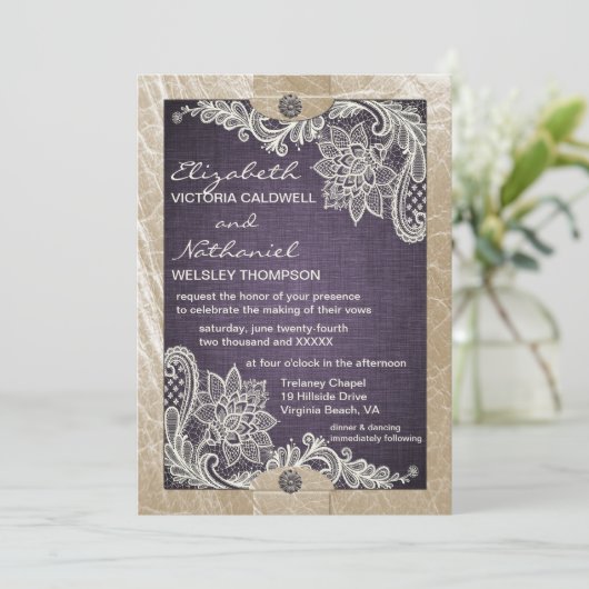 Rustic Denim Lace & Leather Wedding Invitation Kaart (Staand voorkant)