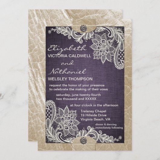 Rustic Denim Lace & Leather Wedding Invitation Kaart (Voorkant / Achterkant)