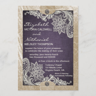 Rustic Denim Lace & Leather Wedding Invitation Kaart