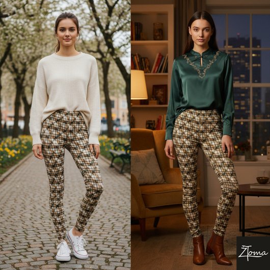 Rustic Diagonal Plaid Tweed Weave Earth Leggings