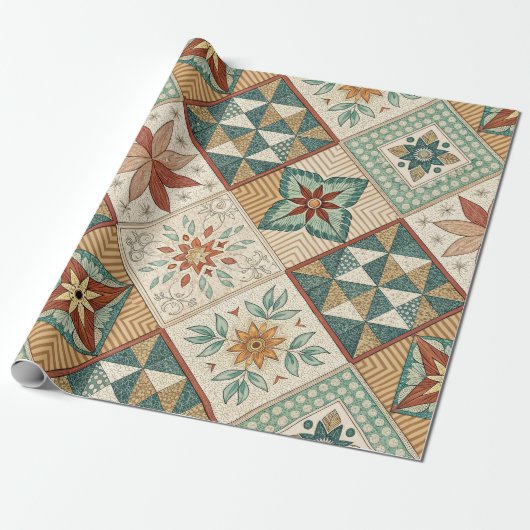 Rustic Diamond Patchwork Pattern - Geometrisch Cadeaupapier (Uitgerold)