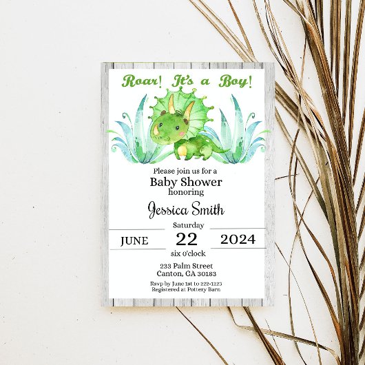 Rustic Dinosaur Boy Baby shower Kaart