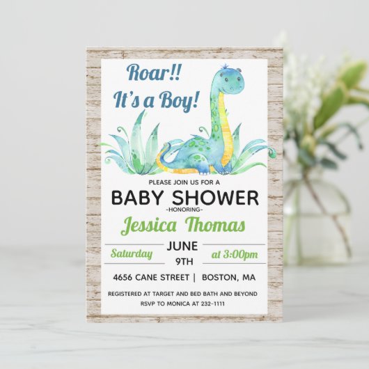 Rustic Dinosaur Boy Baby shower Kaart (Staand voorkant)