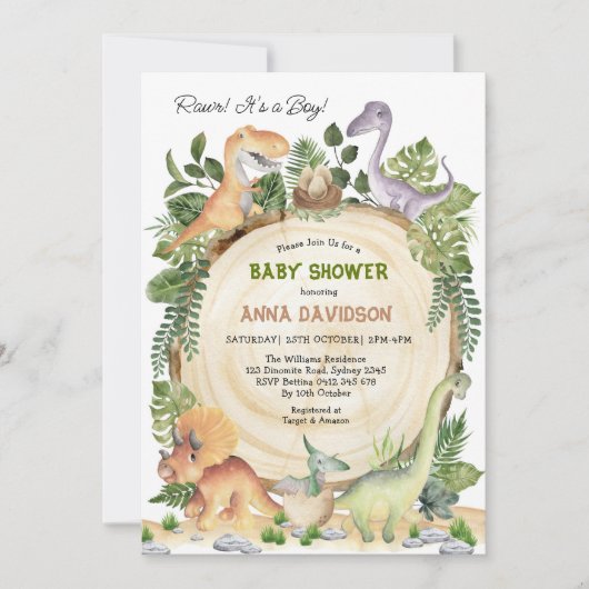 Rustic Dinosaur Greenery Boy Baby shower Kaart (Voorkant)