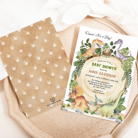 Rustic Dinosaur Greenery Boy Baby shower Kaart