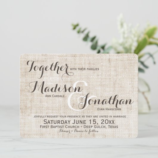 Rustic Distsed Linen Design Wedding Invitations Kaart (Staand voorkant)