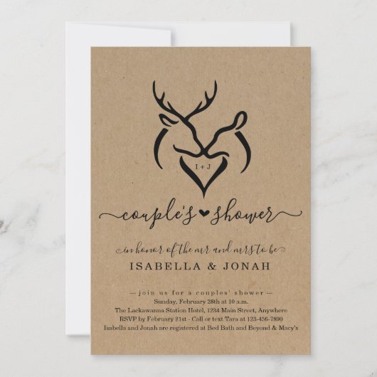 Rustic Doe & Deer Antlers Heart Couple's Shower Kaart (Voorkant)