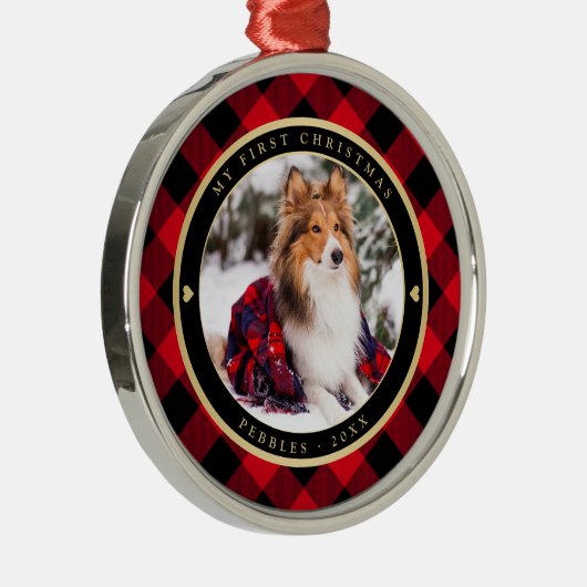 Rustic Dog First KerstRed Buffalo Pset Name Metalen Ornament (Rechts)