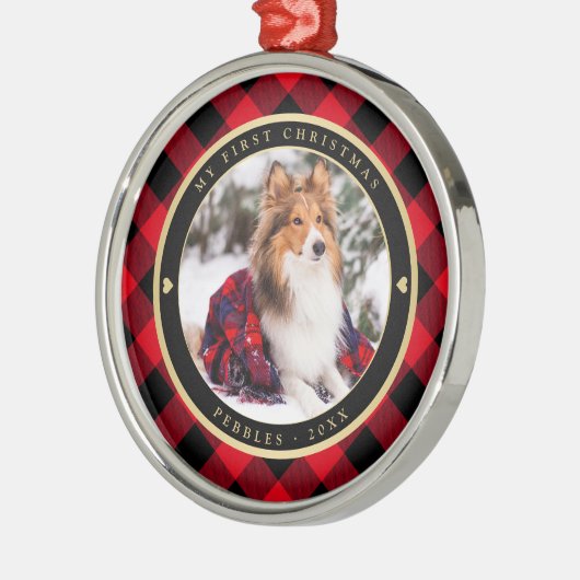 Rustic Dog First KerstRed Buffalo Pset Name Metalen Ornament (Links)