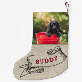 Rustic Dog Photo and Name Festive Ribbon Kleine Kerstsok (Achterkant)
