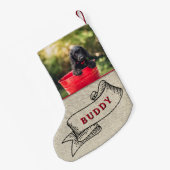 Rustic Dog Photo and Name Festive Ribbon Kleine Kerstsok (Achterkant (Hangend))