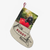 Rustic Dog Photo and Name Festive Ribbon Kleine Kerstsok (Voorkant (Hangend))