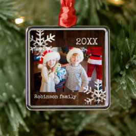 Rustic donker houten winter sneeuwvlok foto metalen ornament