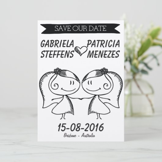 Rustic Doodle Couple Lesbian Save the Date (Staand voorkant)