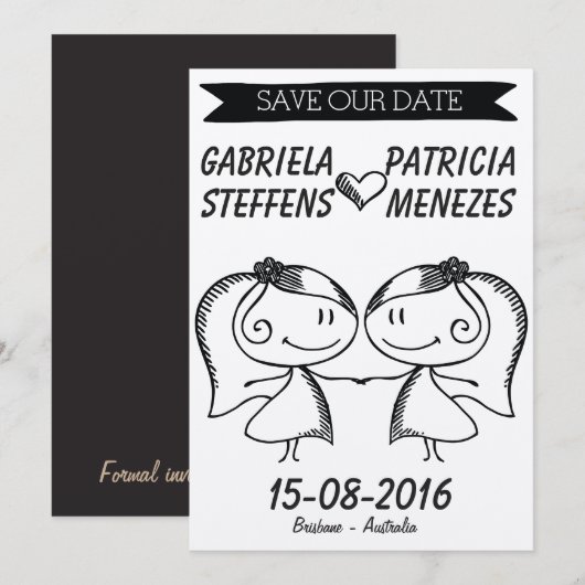 Rustic Doodle Couple Lesbian Save the Date (Voorkant / Achterkant)