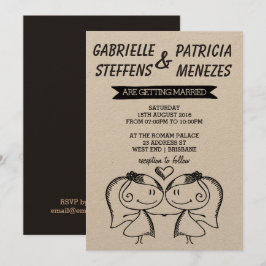 Rustic Doodle Couple Lesbian Wedding Uitnodiging