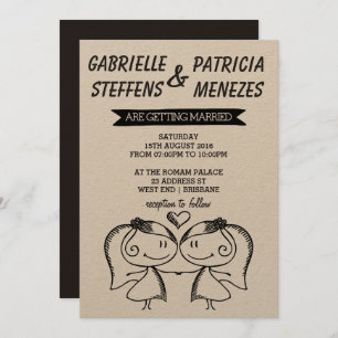 Rustic Doodle Couple Lesbian Wedding Uitnodiging