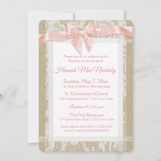 Rustic Doop Uitnodiging Burlap en Kant (Voorkant)