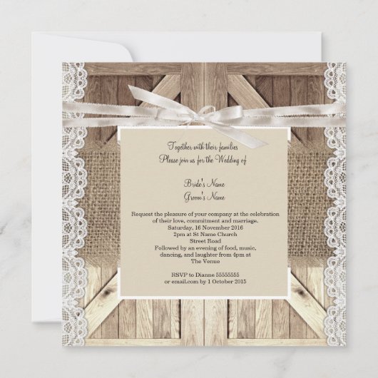 Rustic door bruiloft beige lace Wood Burlap Kaart (Achterkant)