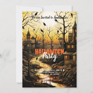 Rustic dorpsvleermuizen zetting zon Halloween-fees Kaart