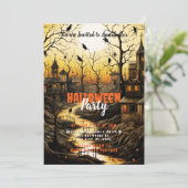 Rustic dorpsvleermuizen zetting zon Halloween-fees Kaart (Staand voorkant)